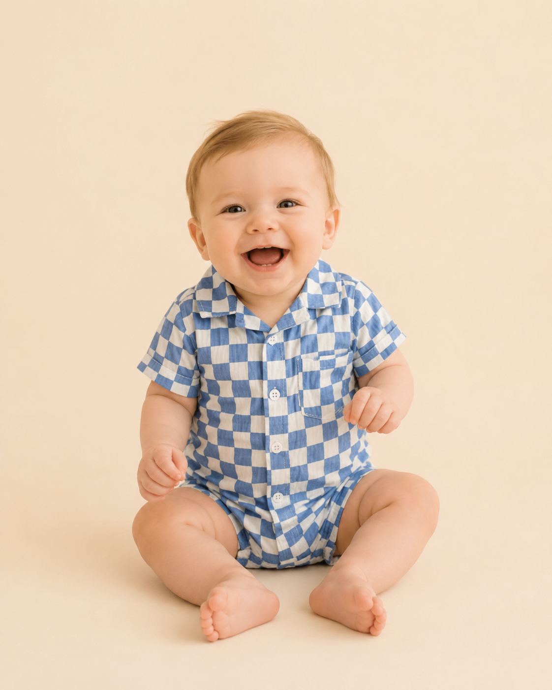 Blue Chex Collared Button Bubble Romper