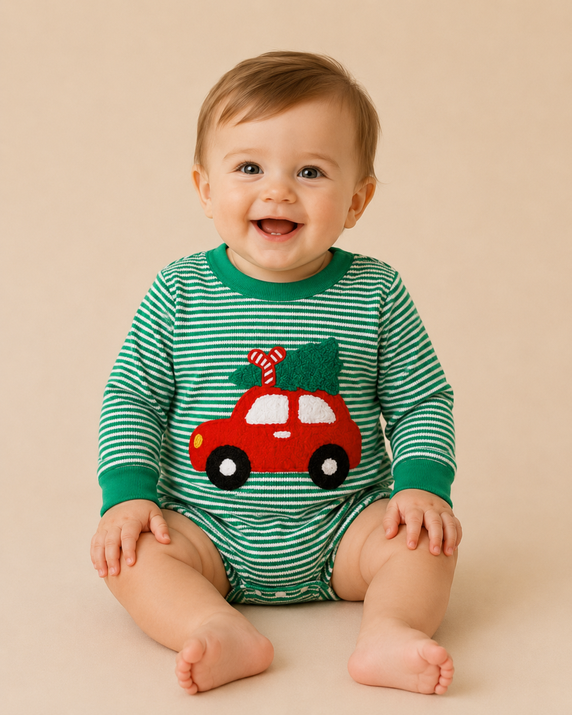 Car Christmas Tree Green Waffle Knit Striped Romper