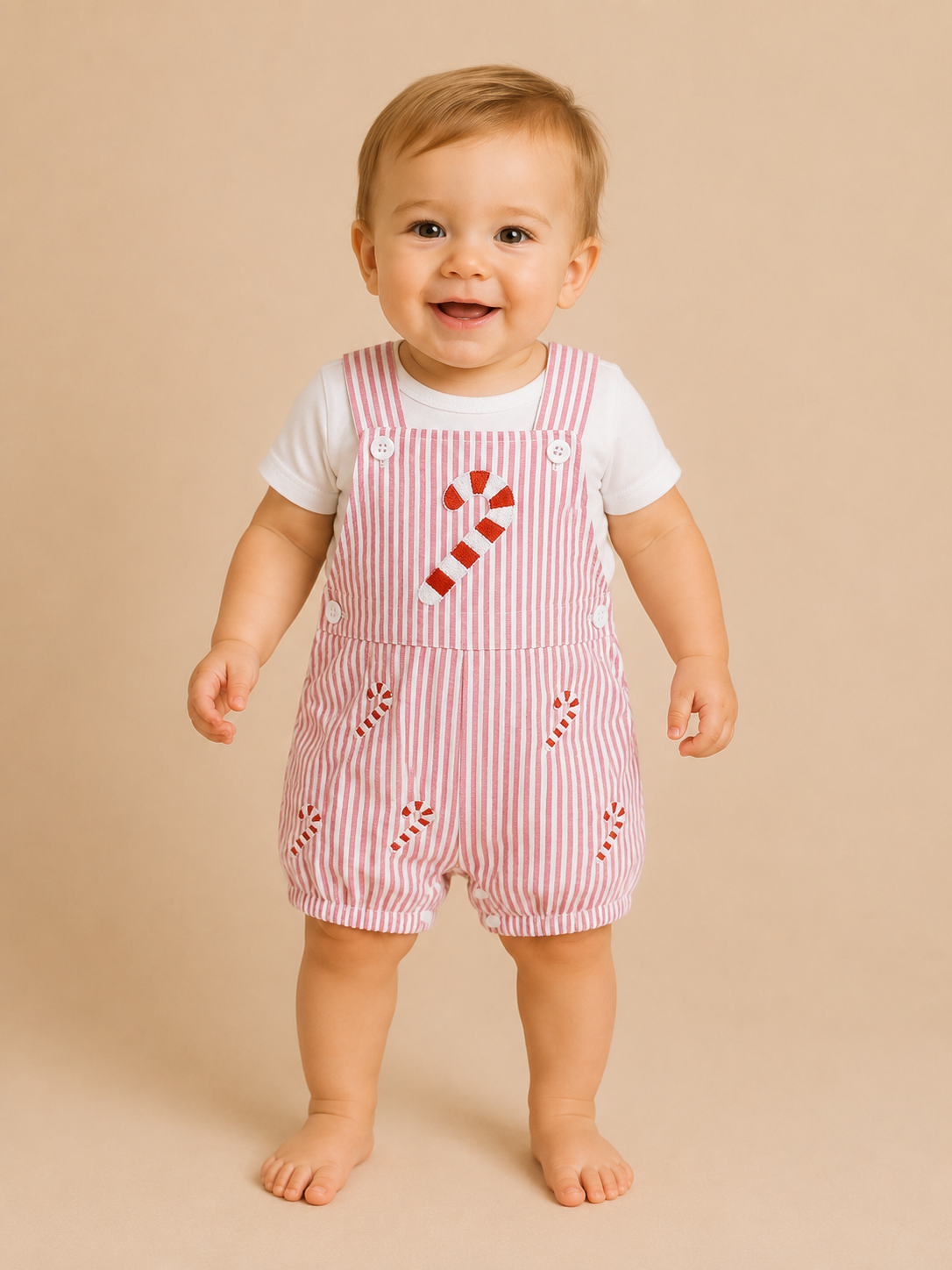 Red Striped Embroidered Candy Cane Overall Romper