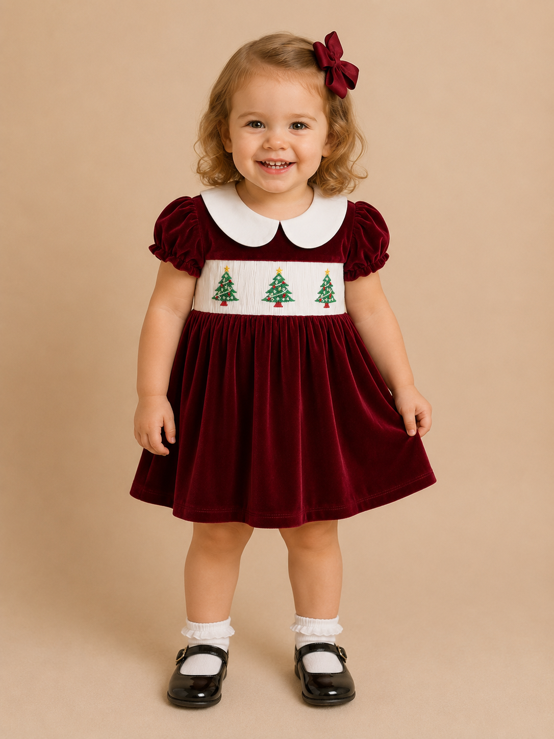 Red Smocked Collared Christmas Tree Dress