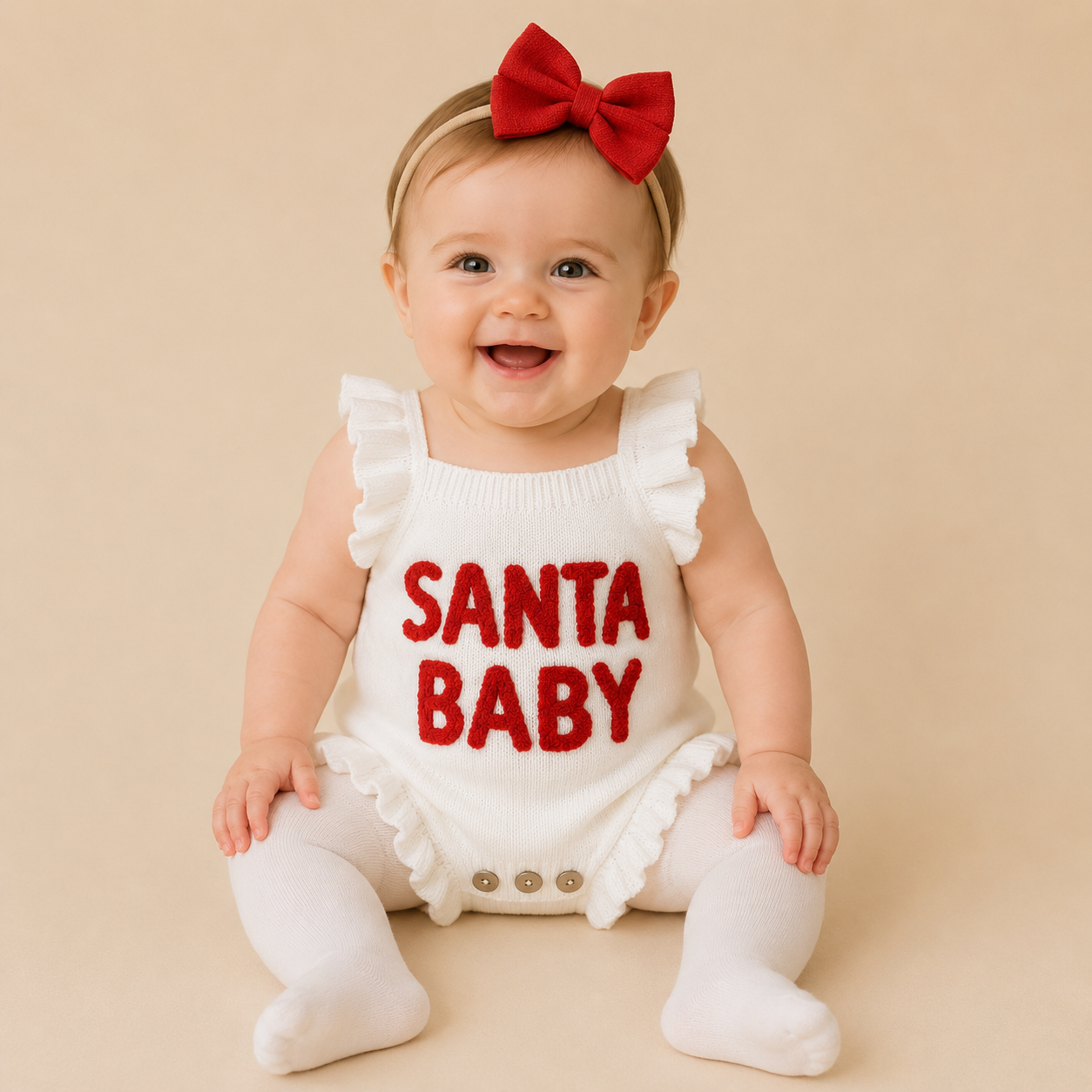 White Sweater Knit French Knot Santa Baby Overall Romper