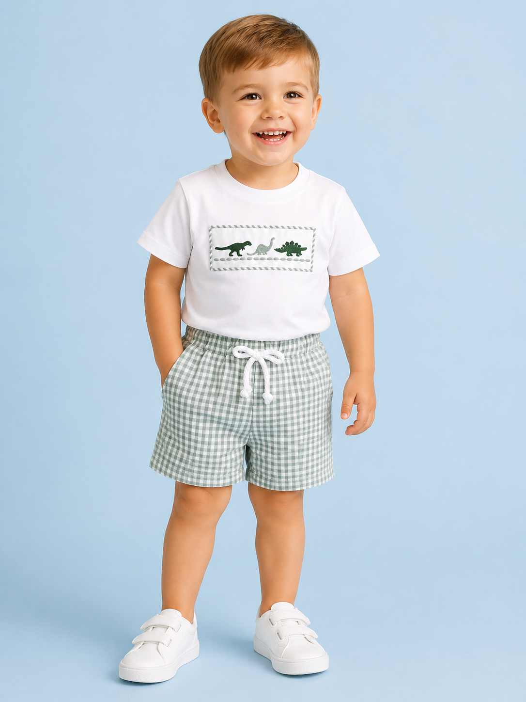 Embroidered Dino Green Gingham Short Set RTS