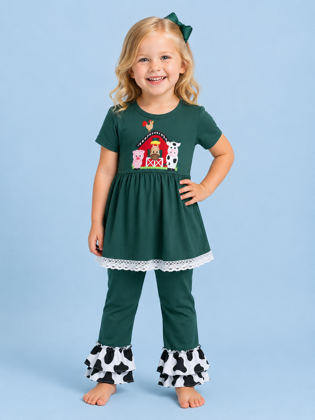 Green Barnyard Ruffle Cowprint Pant Set
