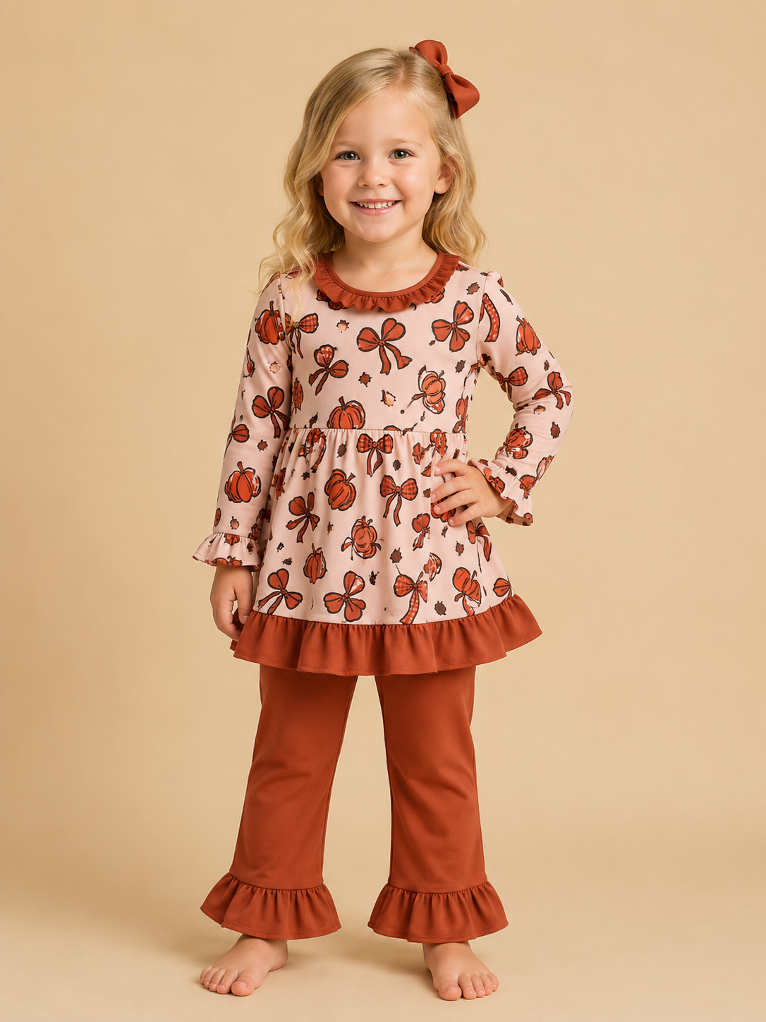 Rust Pumpkin Bow Flowy Top Pant Set