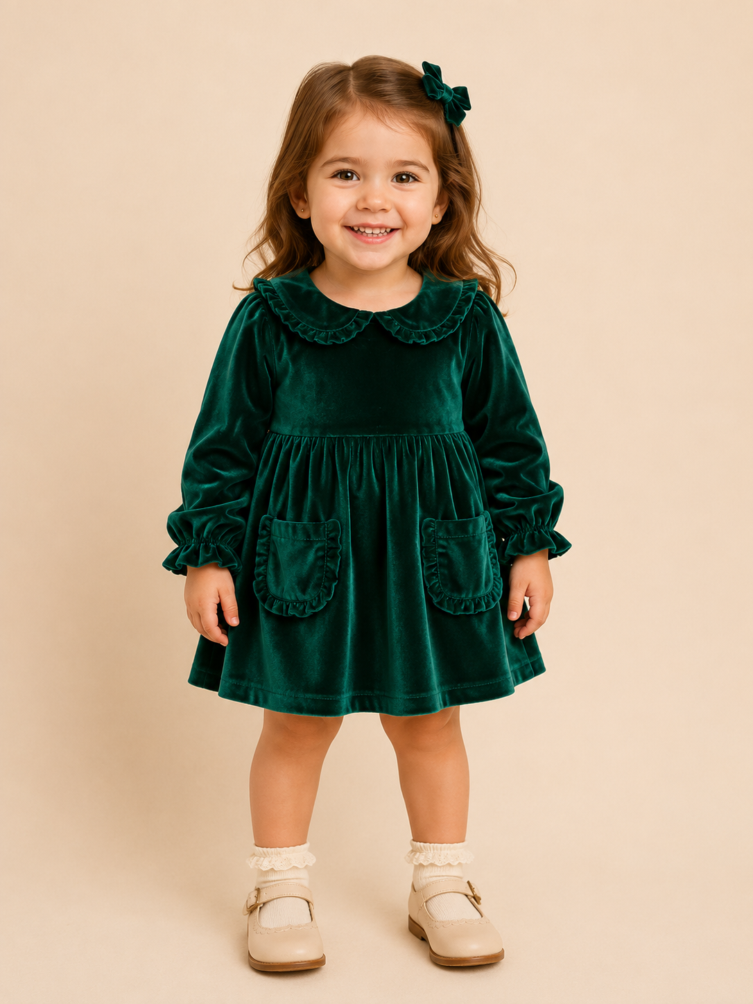 Solid Green Velvet Pocket Dress