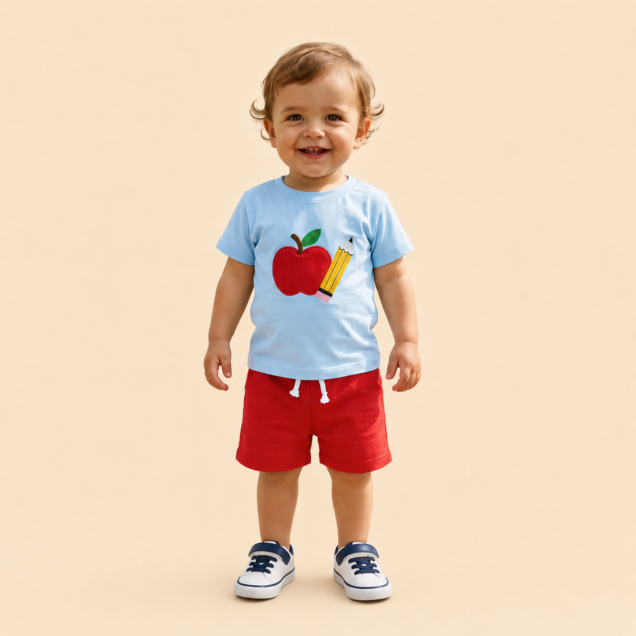 Blue Tee Red Short Embroidered Apple Set