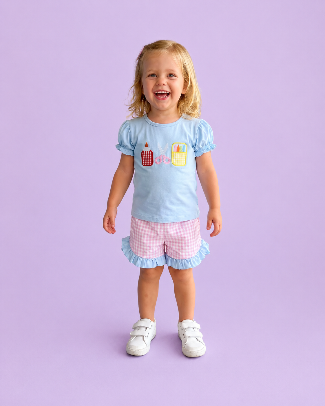 Blue Bubble Sleeve Embroidered Glue Ruffle Short Set