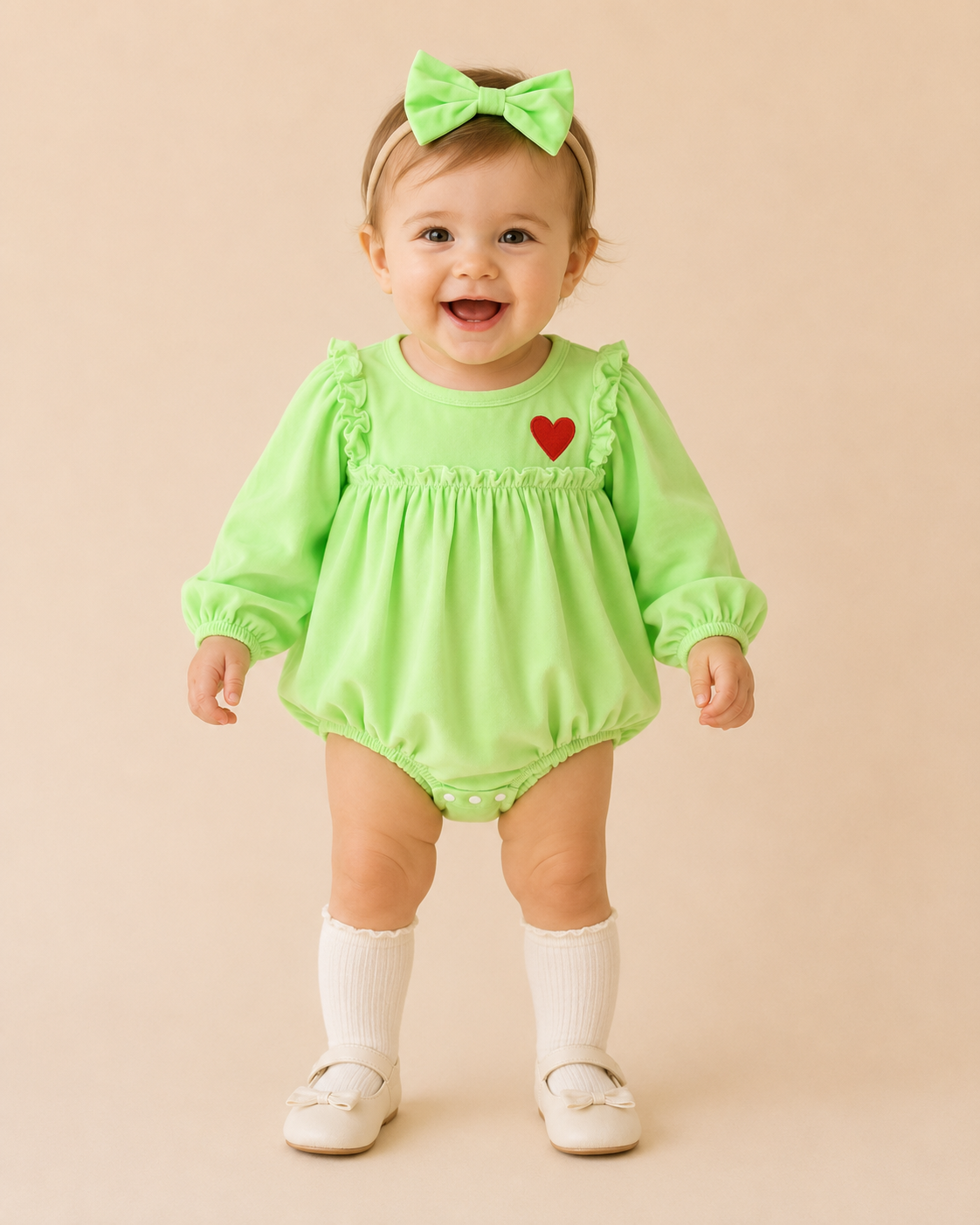 Bright Green Heart Velvet Bubble Romper