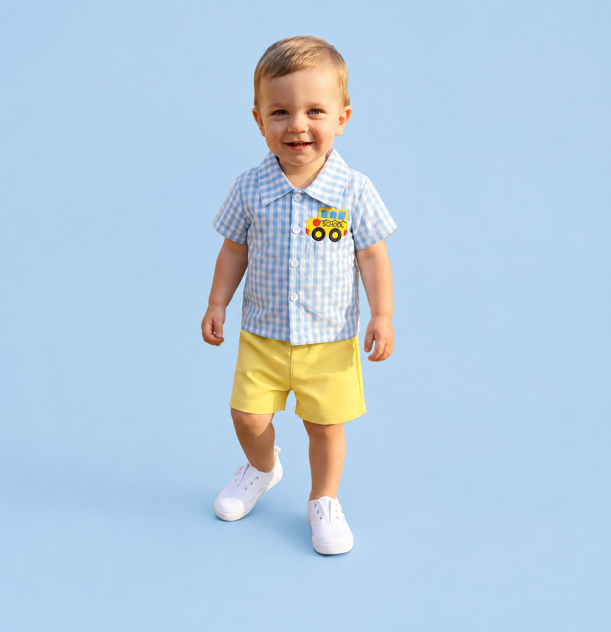 Blue Plaid Button Up Embroidered Bus Yellow Short Set