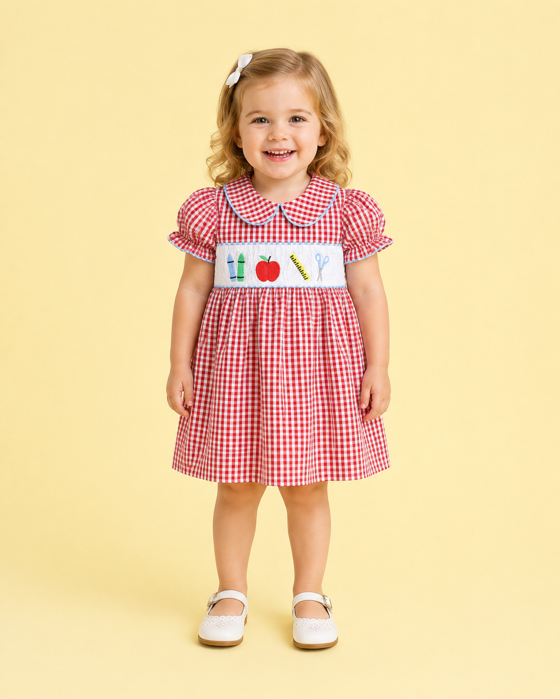 Red Plaid Collared Smocked Crayon Embroidered Dress