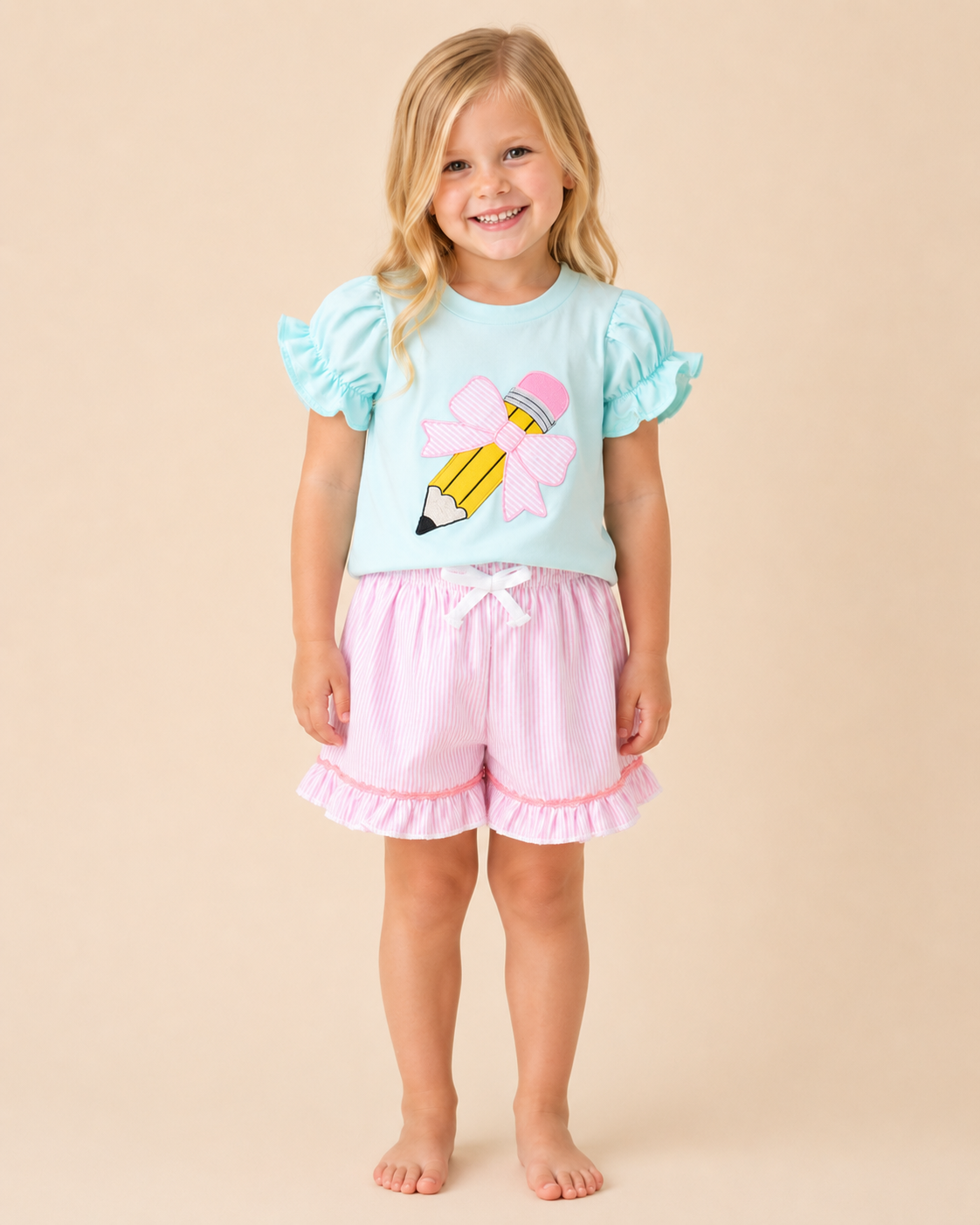 Teal and Pink Bubble Sleeve Embroidered Pencil Set
