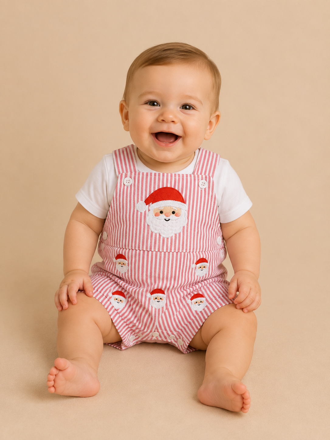 Red Striped Embroidered Santa Overall Romper