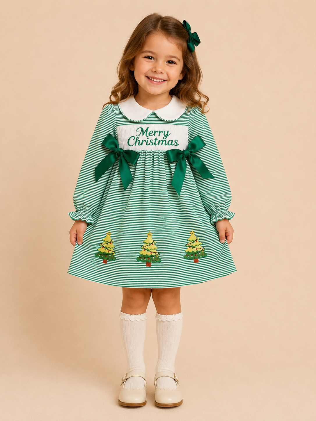 Green Striped Merry Christmas Embroidered Dress