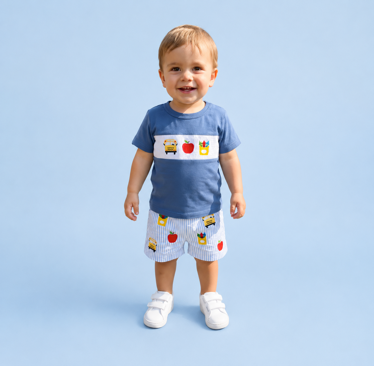 Blue Embroidered School Bus Seersucker Short Set