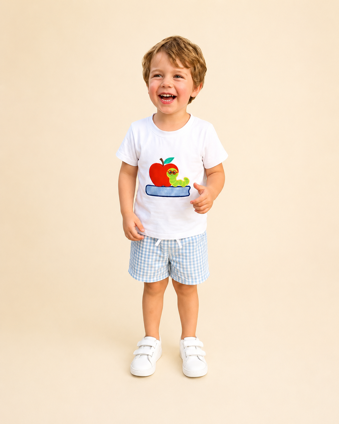 Embroidered Bookworm Tee Blue Gingham Short Set