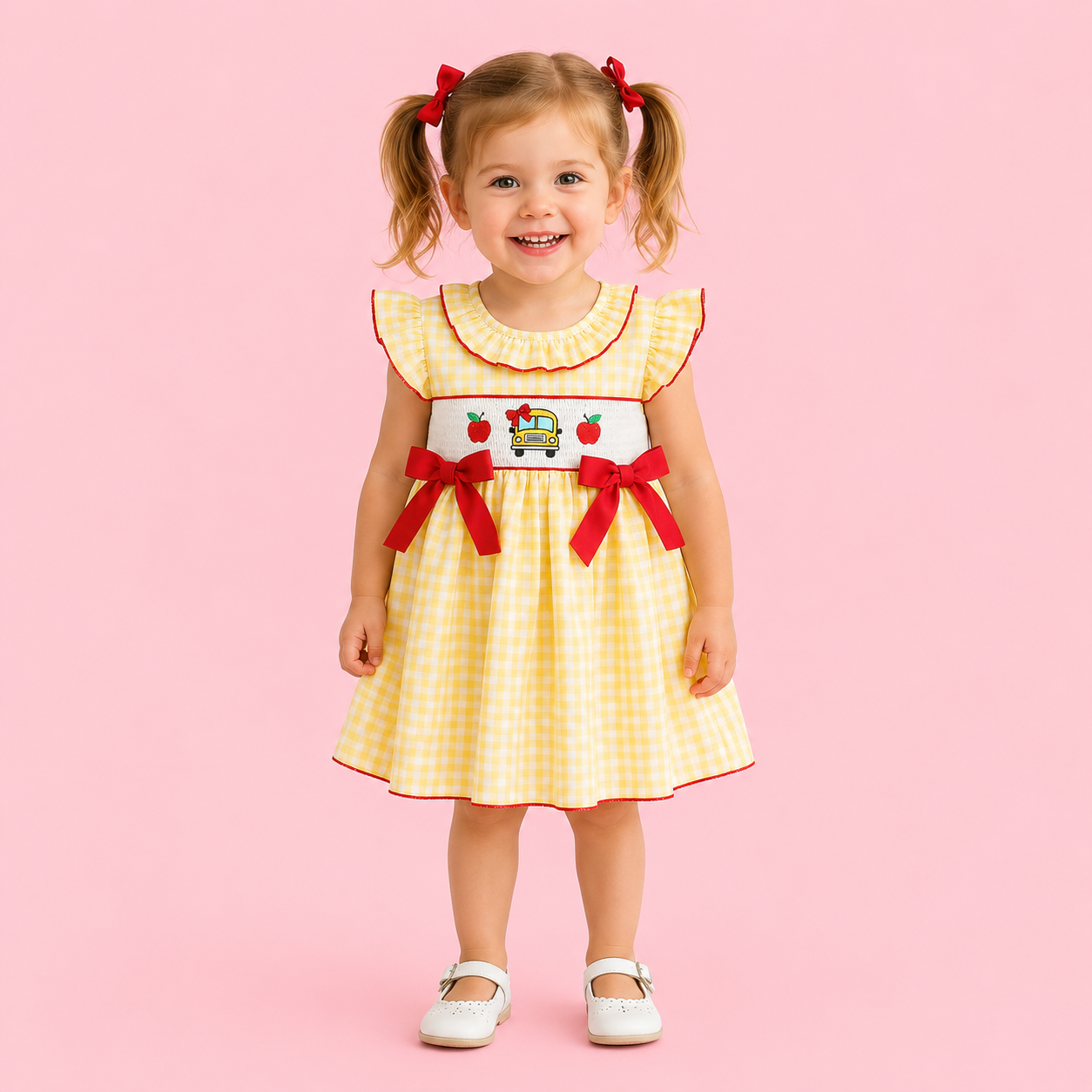 Yellow Gingham Embroidered School Bus Bow Dress