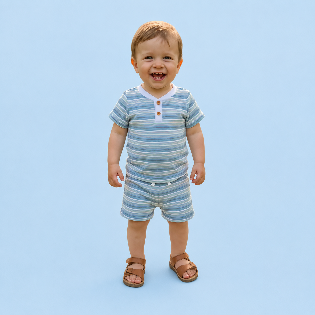 Blue Striped Texture Button Short Set