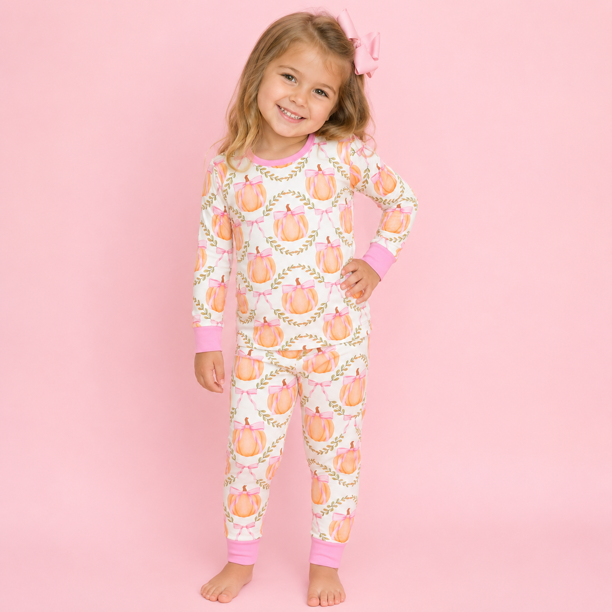 White Pumpkin Bow Greenery Pant Set