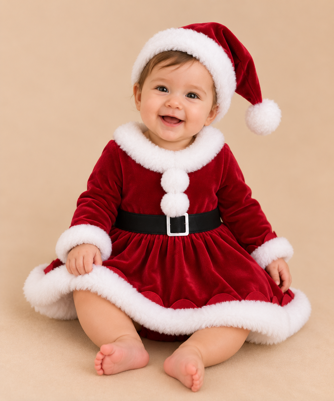 Red Santa Velvet Suit Skirted Romper with Hat