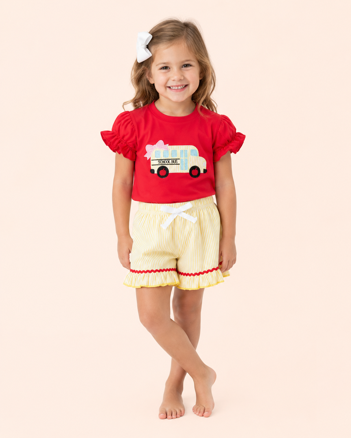 Red Bubble Sleeve Embroidered School Bus Set