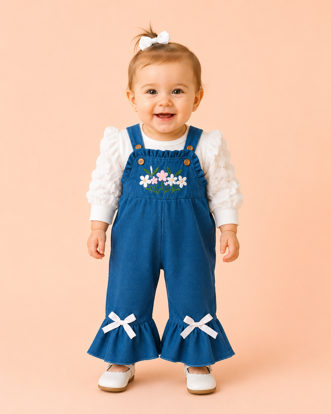 Blue Corduroy Floral Embroidered Flare Overalls