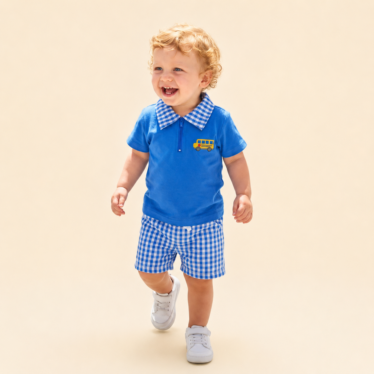 Blue Quarter Zip Plaid Embroidered School Bus Set