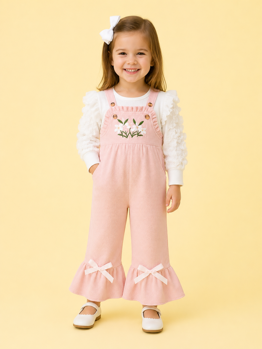Pink Corduroy Floral Embroidered Flare Overalls