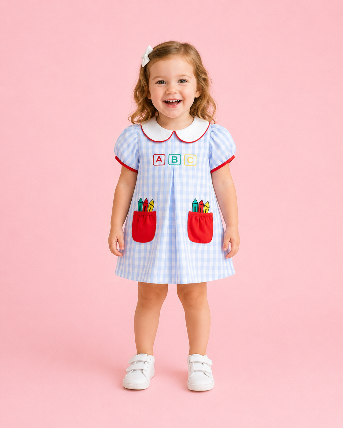 Blue Gingham Embroidered ABC Pocket Crayon Dress