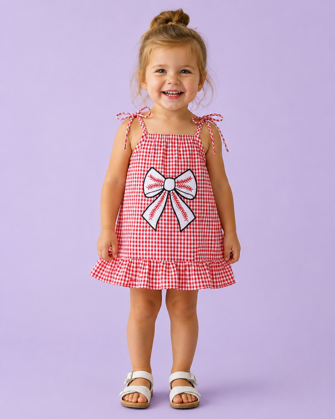Red Plaid Baseball Embroidered Bow Sundress RTS
