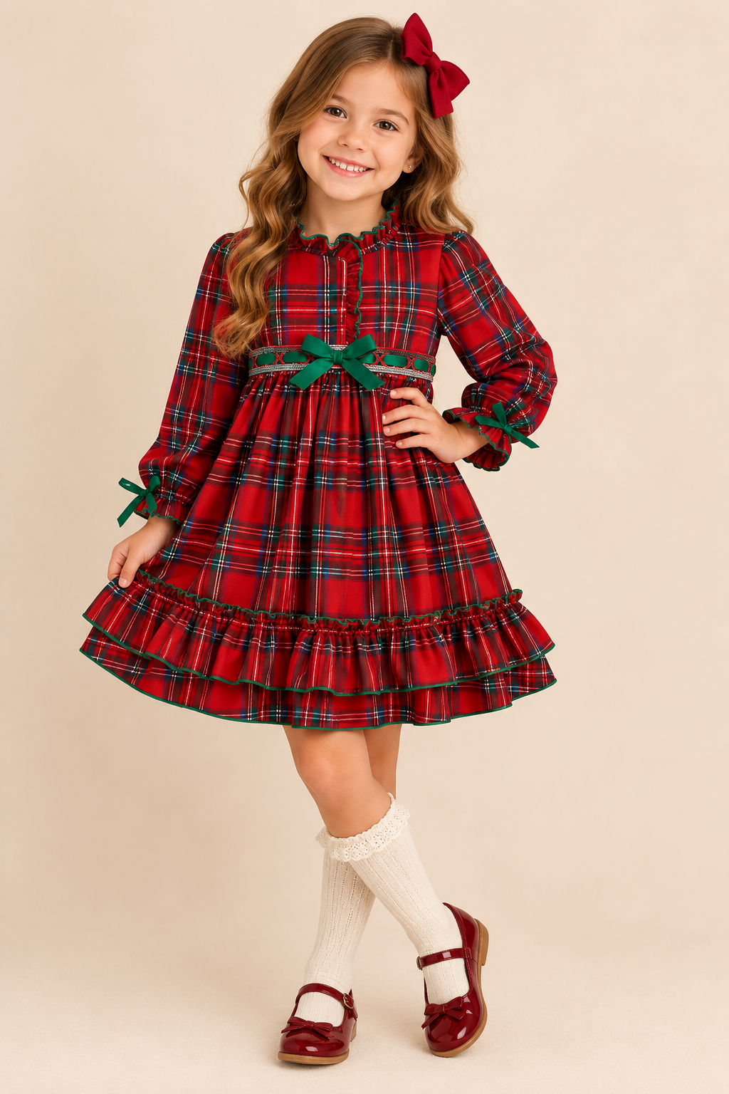 Red and Green Embroidered Bow Long Sleeve Dress