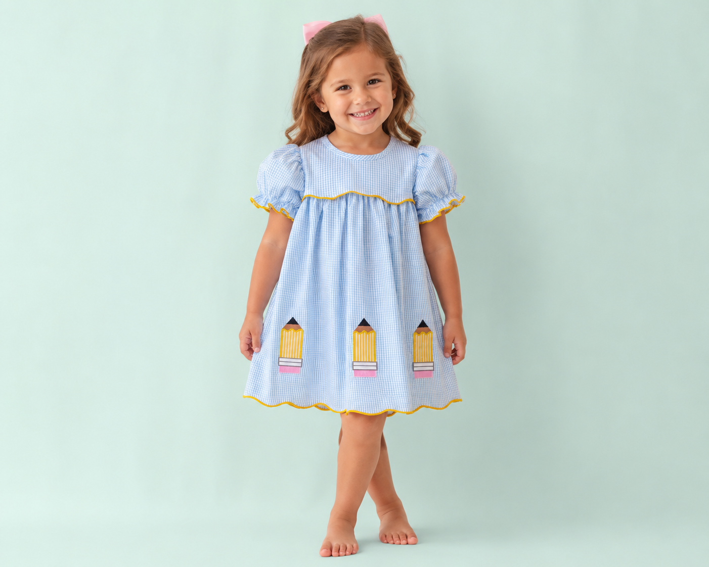 Blue Gingham Embroidered Pencil Dress