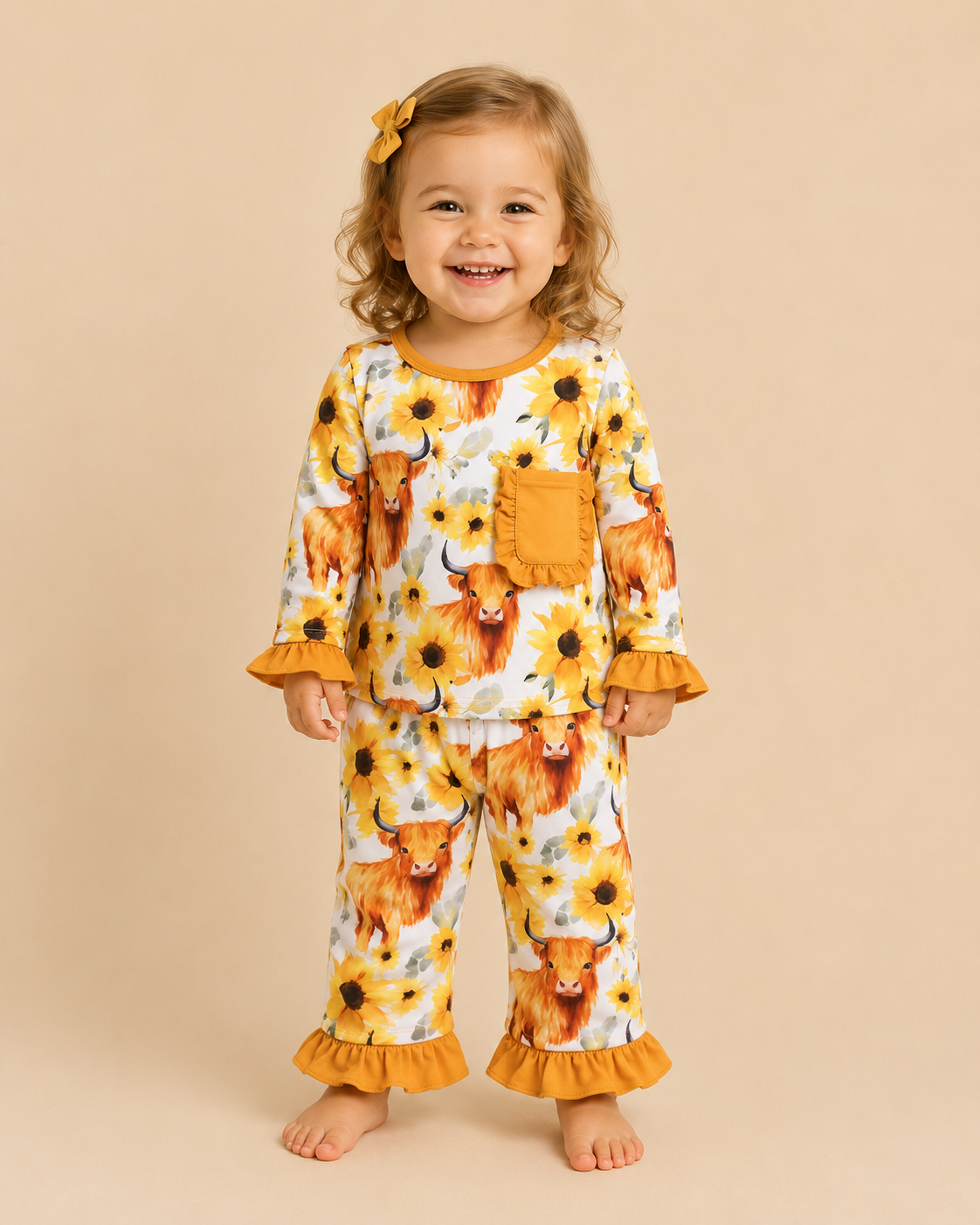 Highland Cow Sunflower Ruffle Pants Set