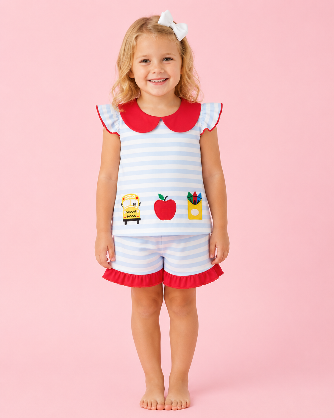Red Collared Blue Striped Embroidered Apple Set