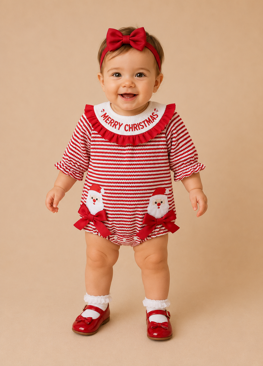 Red Waffle Knit Embroidered Merry Christmas Bow Romper