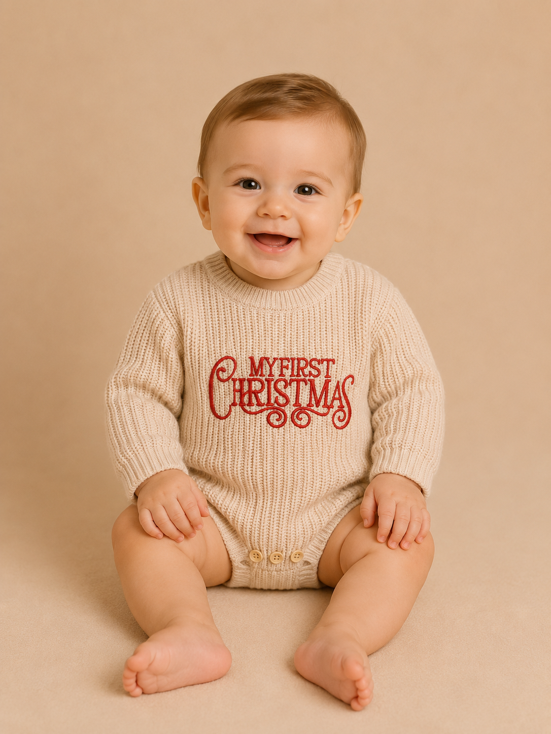 Beige My First Christmas Sweater Romper