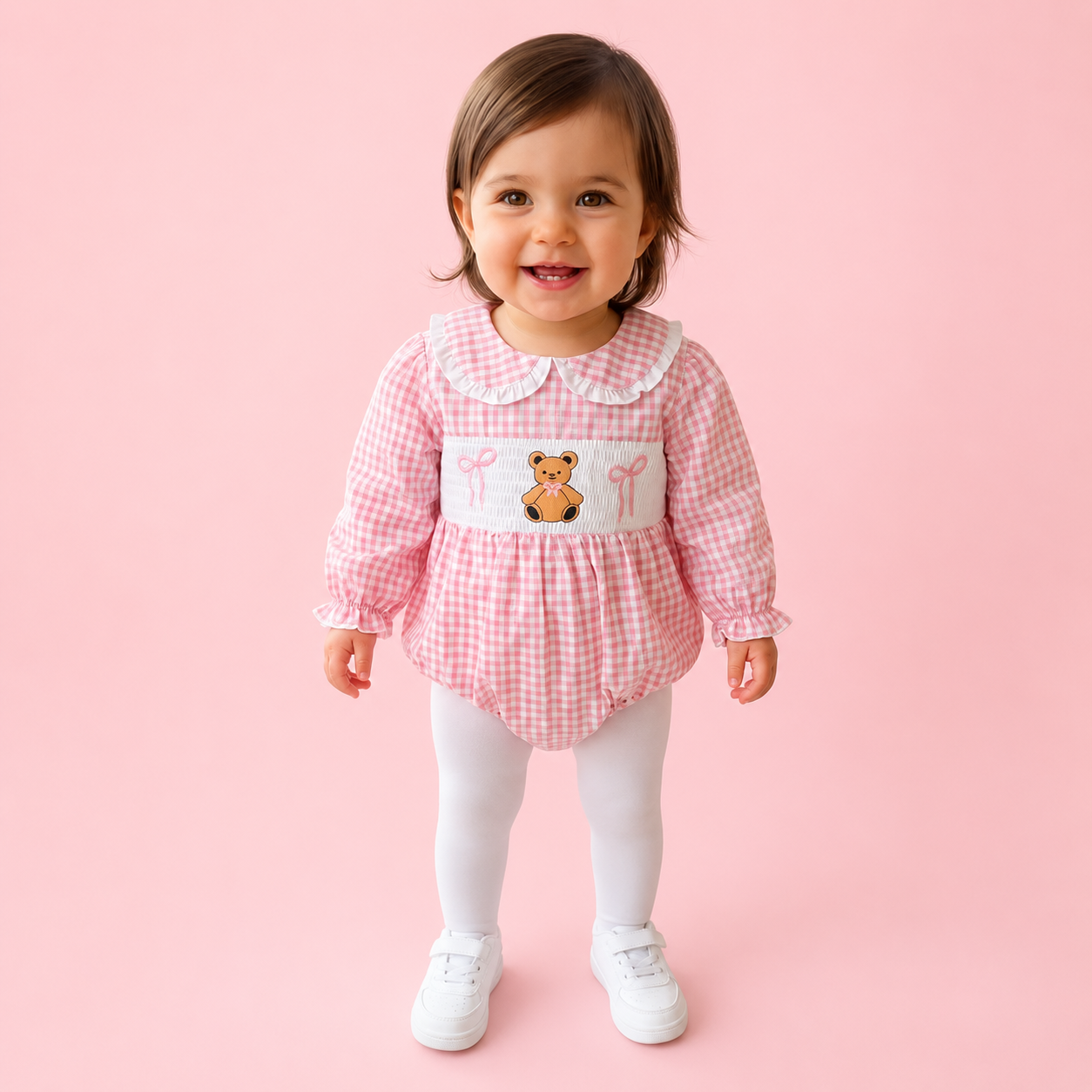 Pink Teddy Smocked Gingham Bubble Romper