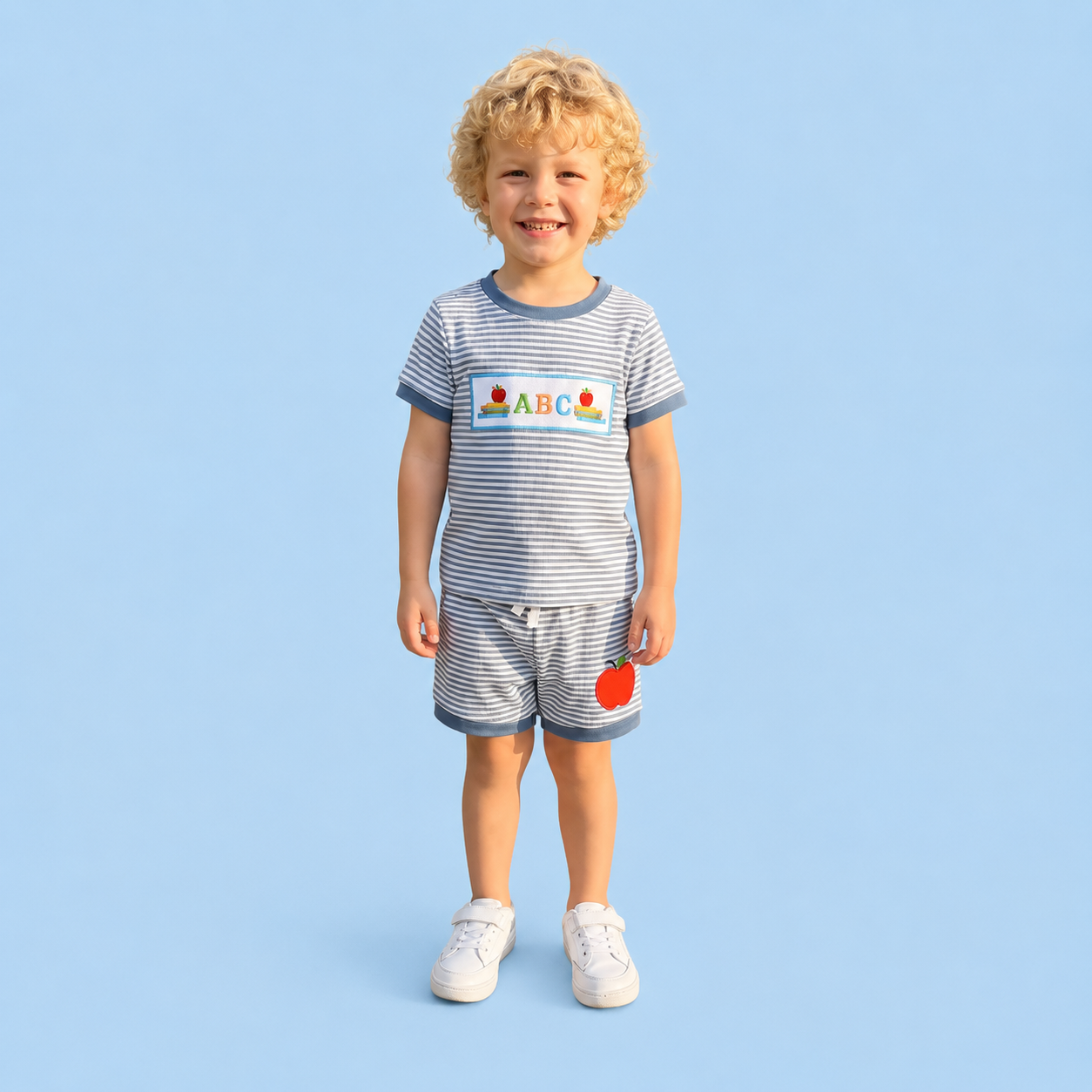 Blue Striped Waffle Knit Embroidered ABC Short Set