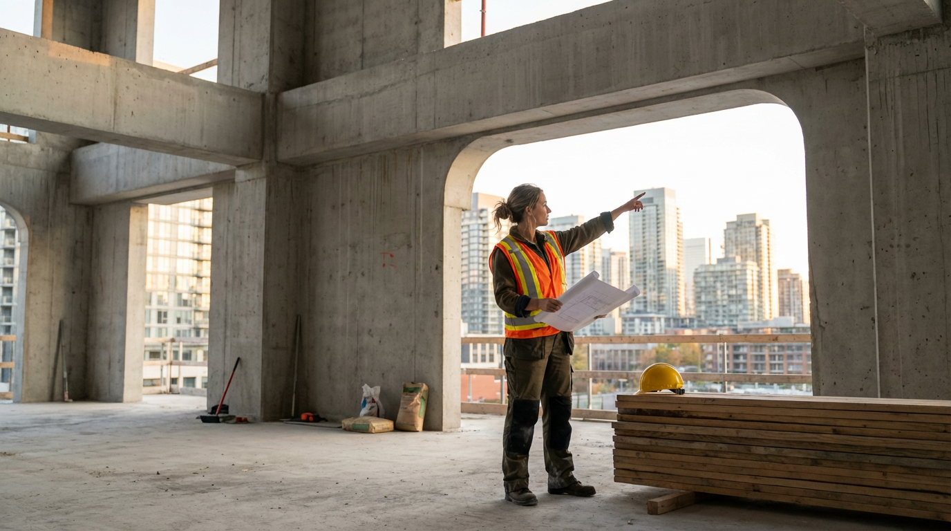 A female construction engineer in a high-visibility safety vest and work clothes standing on an unfinished building floor. She is holding blueprints and pointing towards the city skyline in the background.