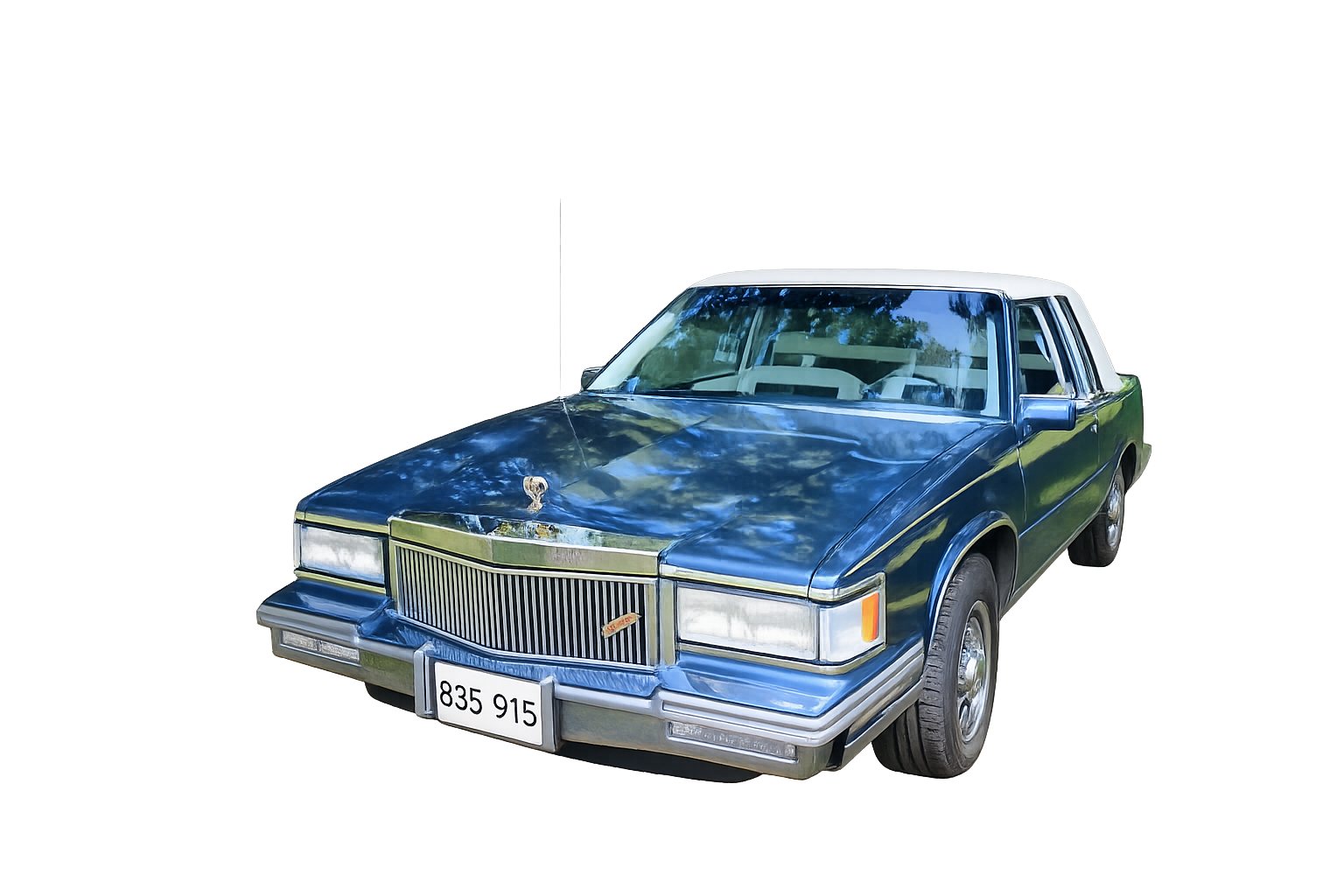A vintage blue and white luxury car with a prominent front grille, hood ornament, and a custom interior.
