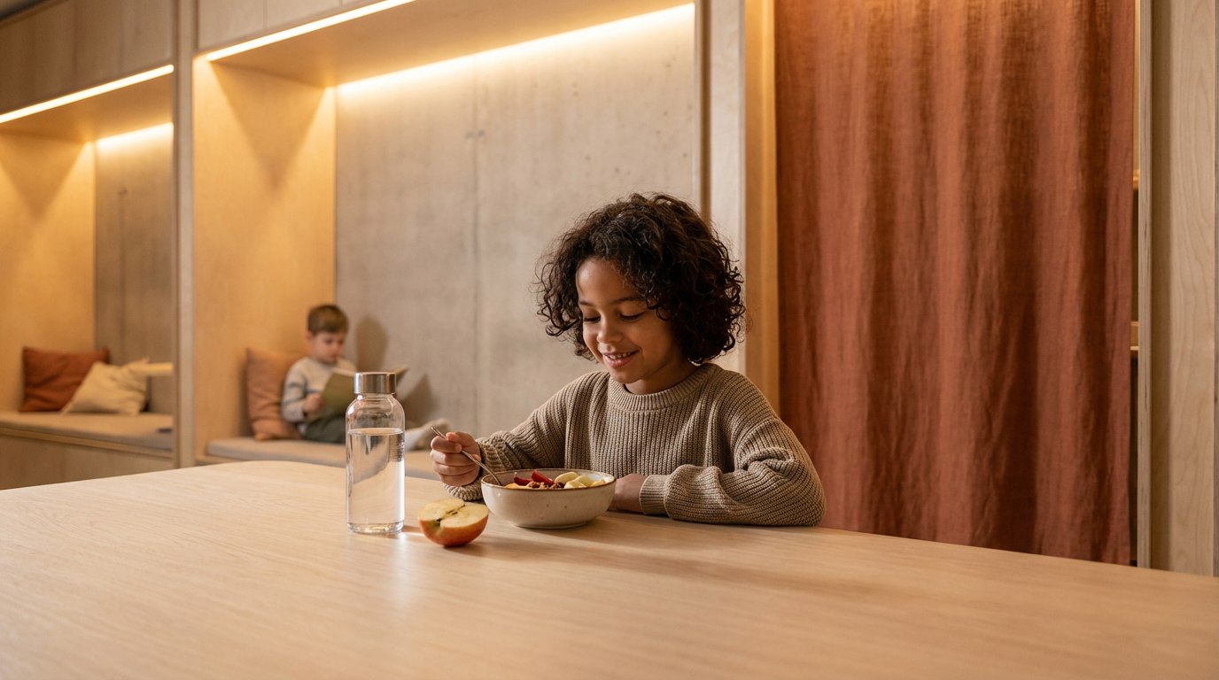 A smiling young girl eating cereal at a wooden table, with a glass of water and an apple in front of her, in a cozy, modern dining area with built-in seating and warm lighting.