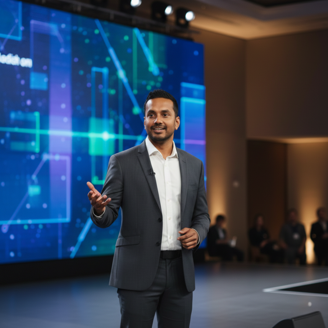 Rashik Prasad giving a presentation in front of a large screen with data charts, in a conference room with several people in the background.