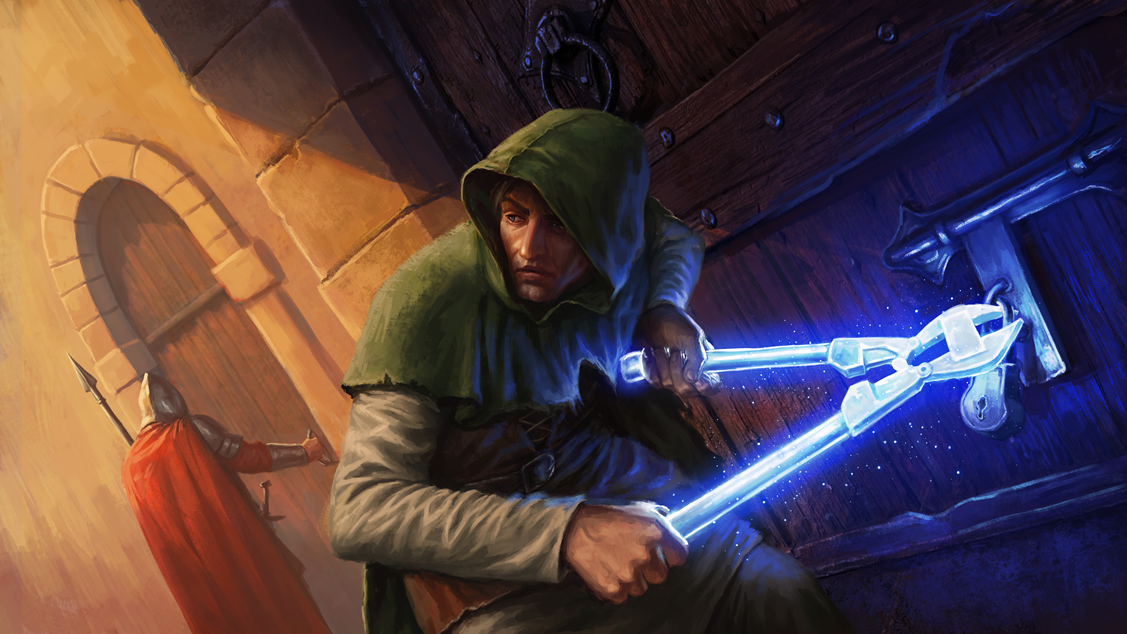 Image shows a man wearing medieval clothing wearing a green hood and using a set of bolt cutters generated out of pure energy on a padlock. He looks over his shoulder at a medieval guard dressed in armor and a red cape checks a door behind him.