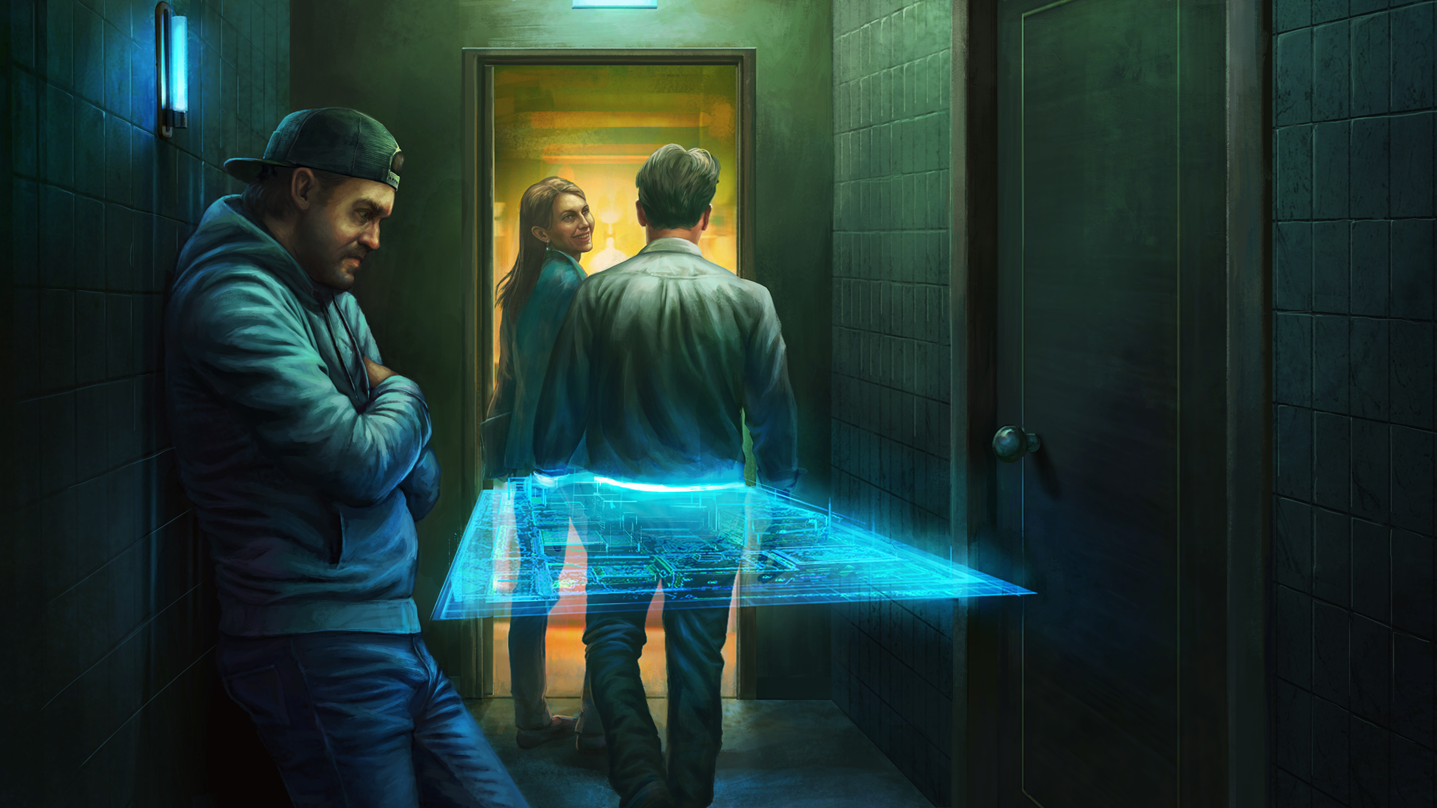 A man leans against a hallway wall by the bathrooms looking over a hologram schematic of the building as two bar patrons walk through the hologram unaware it's even there.