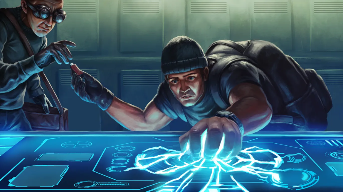A man wearing infiltration gear crouches over a computer panel and uses his hand to magically siphon data out of it as he hands his goggled partner a thumb drive.