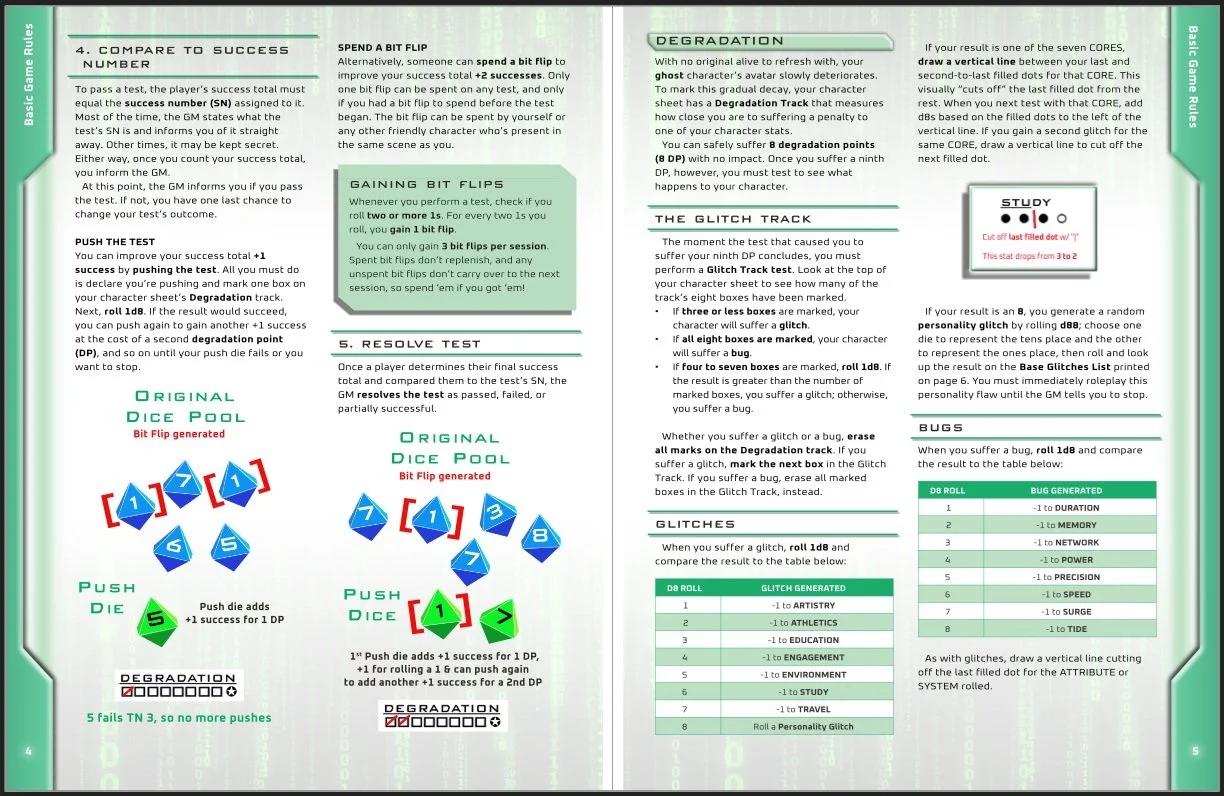 A snapshot of the book's interior layout. 2 columns per page, margin dressing on the far left & right in green angled 3D design, with 2 result tables in green.
