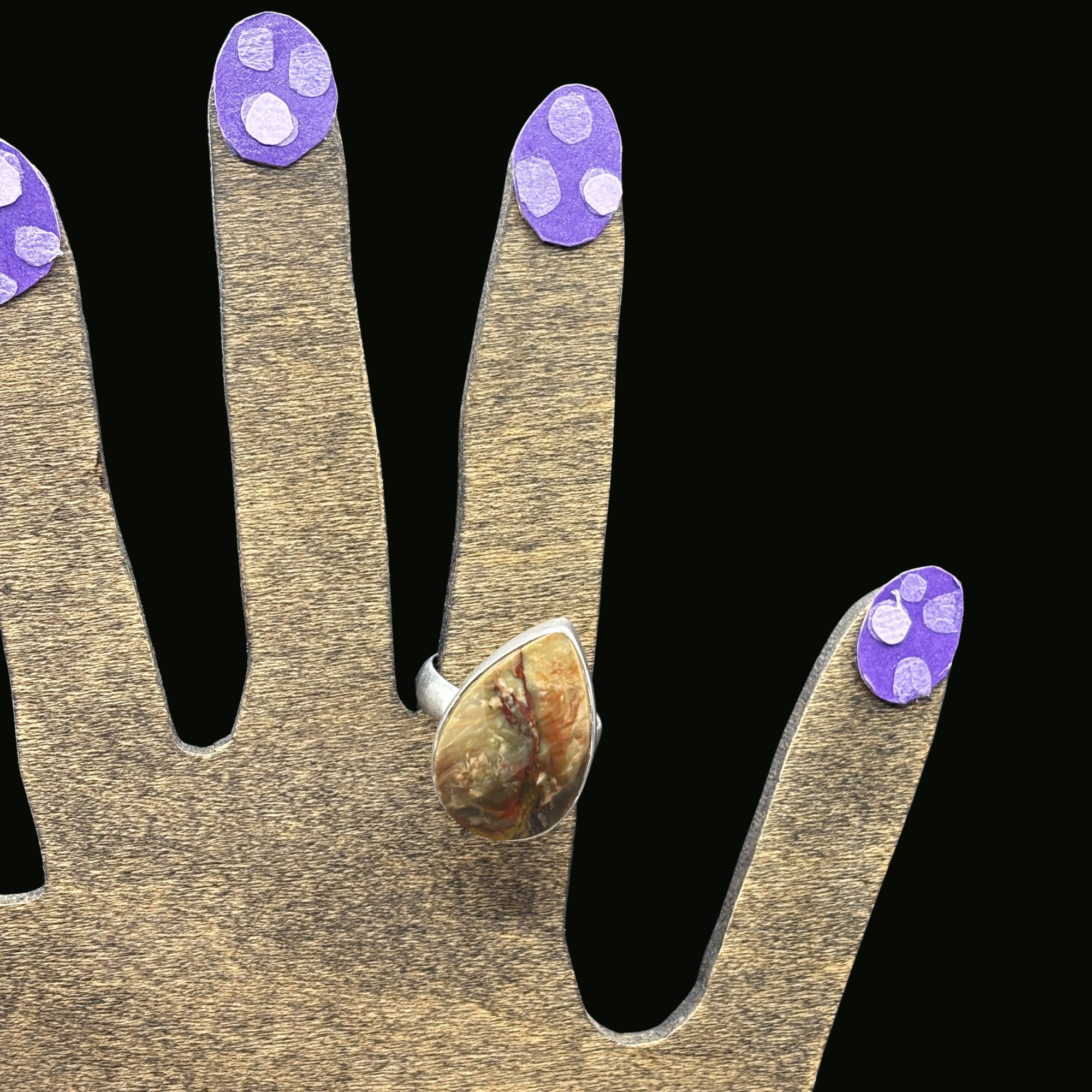 Vintage sterling silver teardrop pear cabochon earth tone jasper statement ring size 10.25