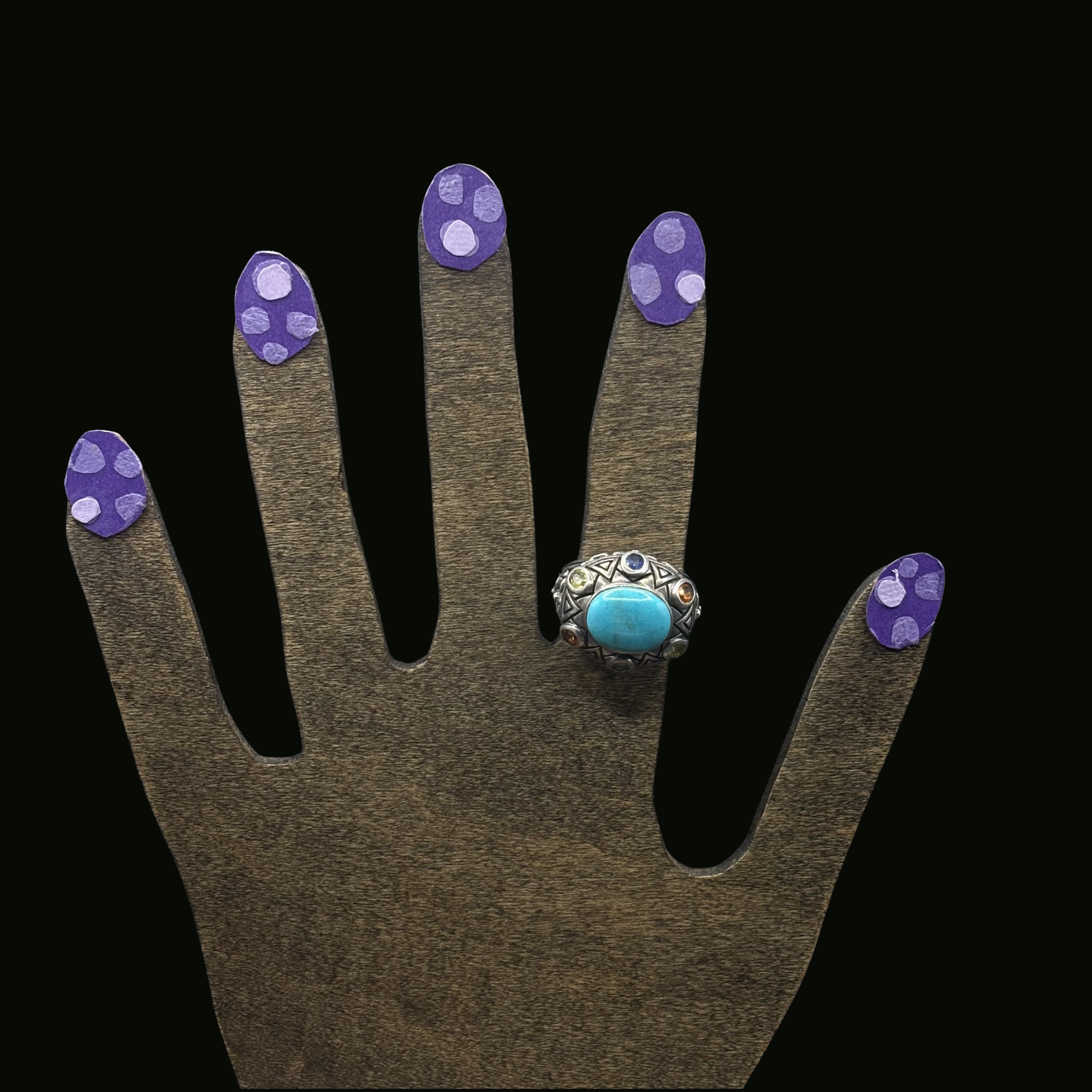 Signed Sally C. Treasures “SX” 925 Thailand Sterling silver turquoise & multi stone statement ring size 8