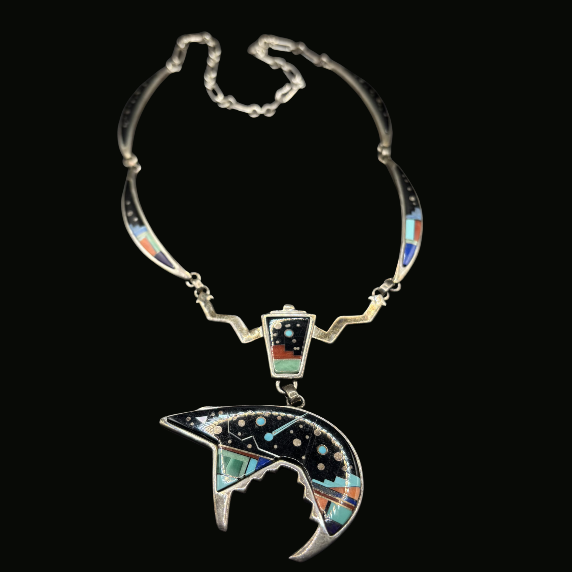 Authentic Calvin Begay sterling silver “night sky” inlay bear pendant and link necklace