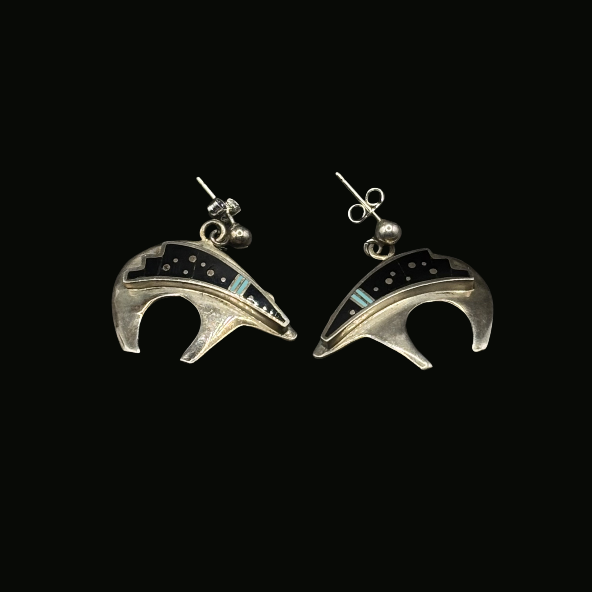 Signed Rick tolino Navajo sterling silver multi stone inlay bear post earrings