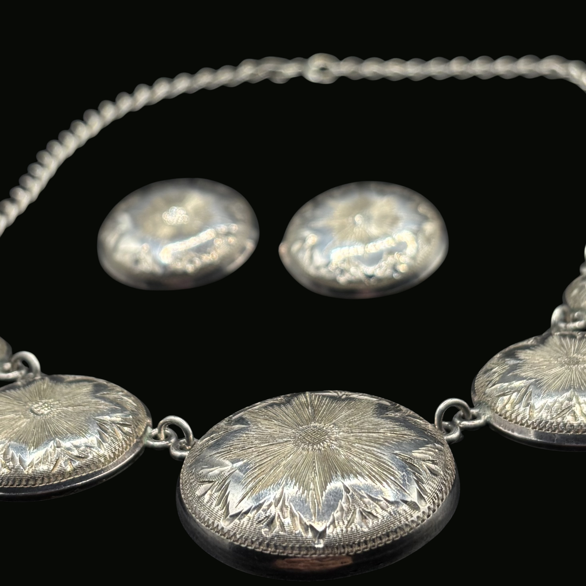 Vintage 1950s  Rare Newmans silver shop Reno sterling silver concho necklace and clip on earring set